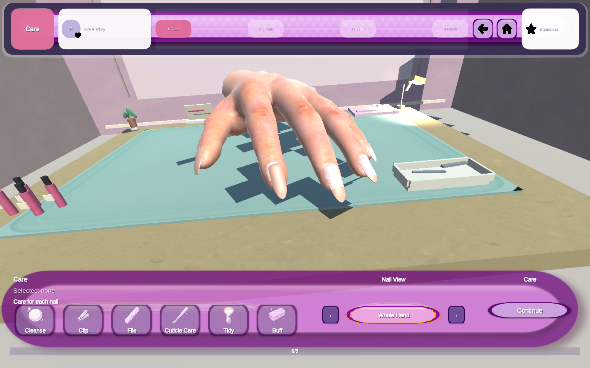Whole-hand care view with nail treatment tools and progress controls