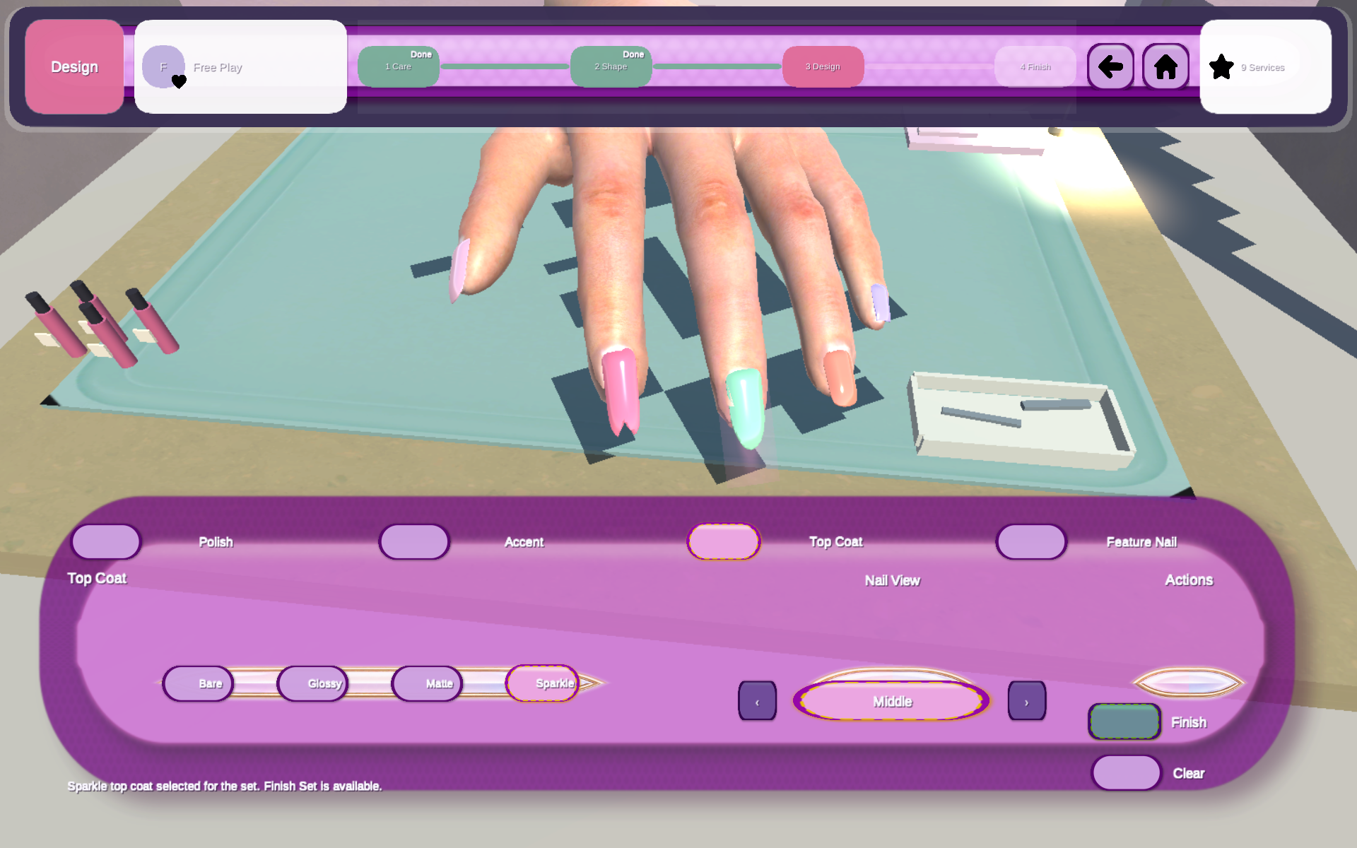 Completed nail set in the design view with top-coat controls