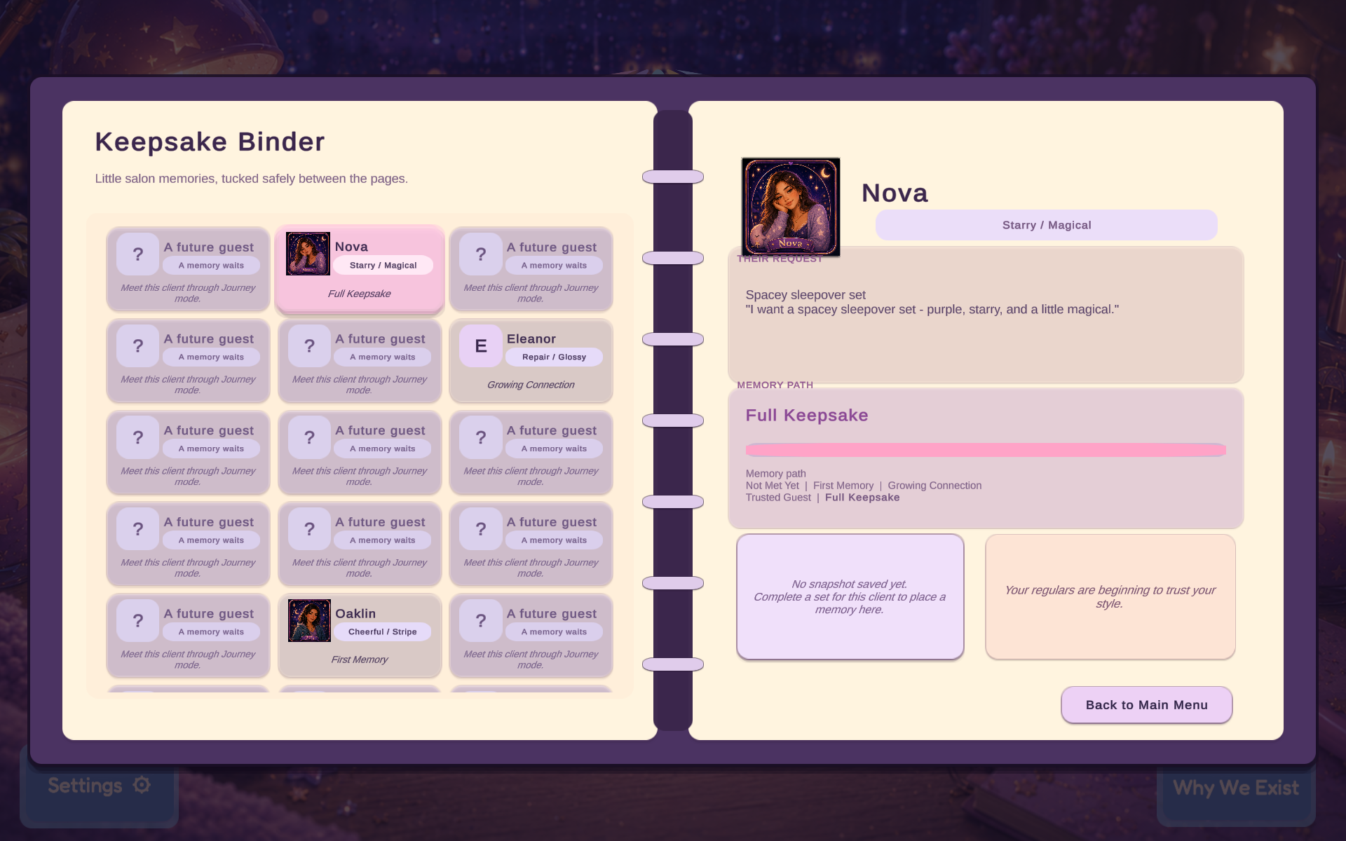 Nova’s keepsake binder showing a saved memory path from salon visits