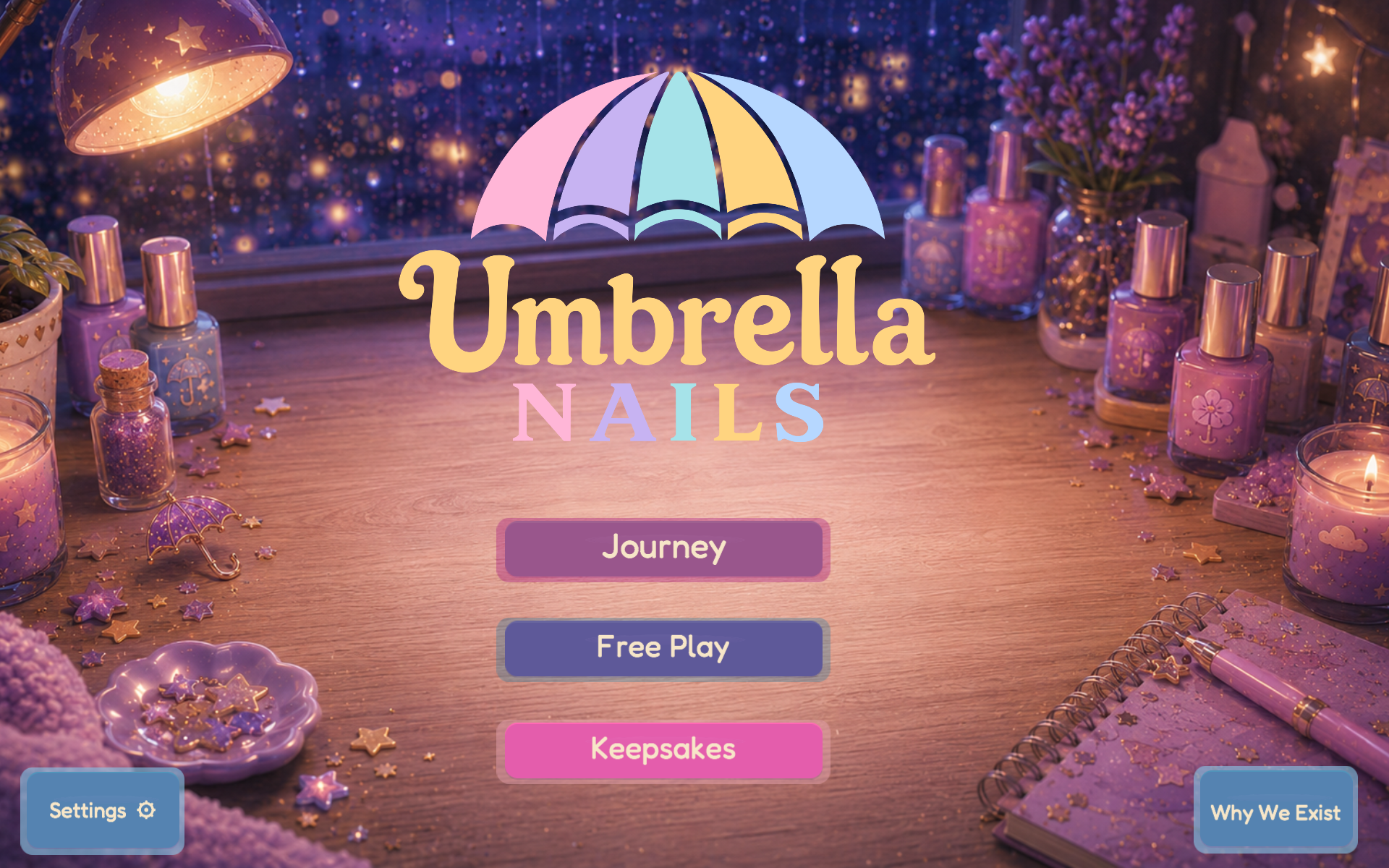 Umbrella Nails main menu with a colorful salon room and play options