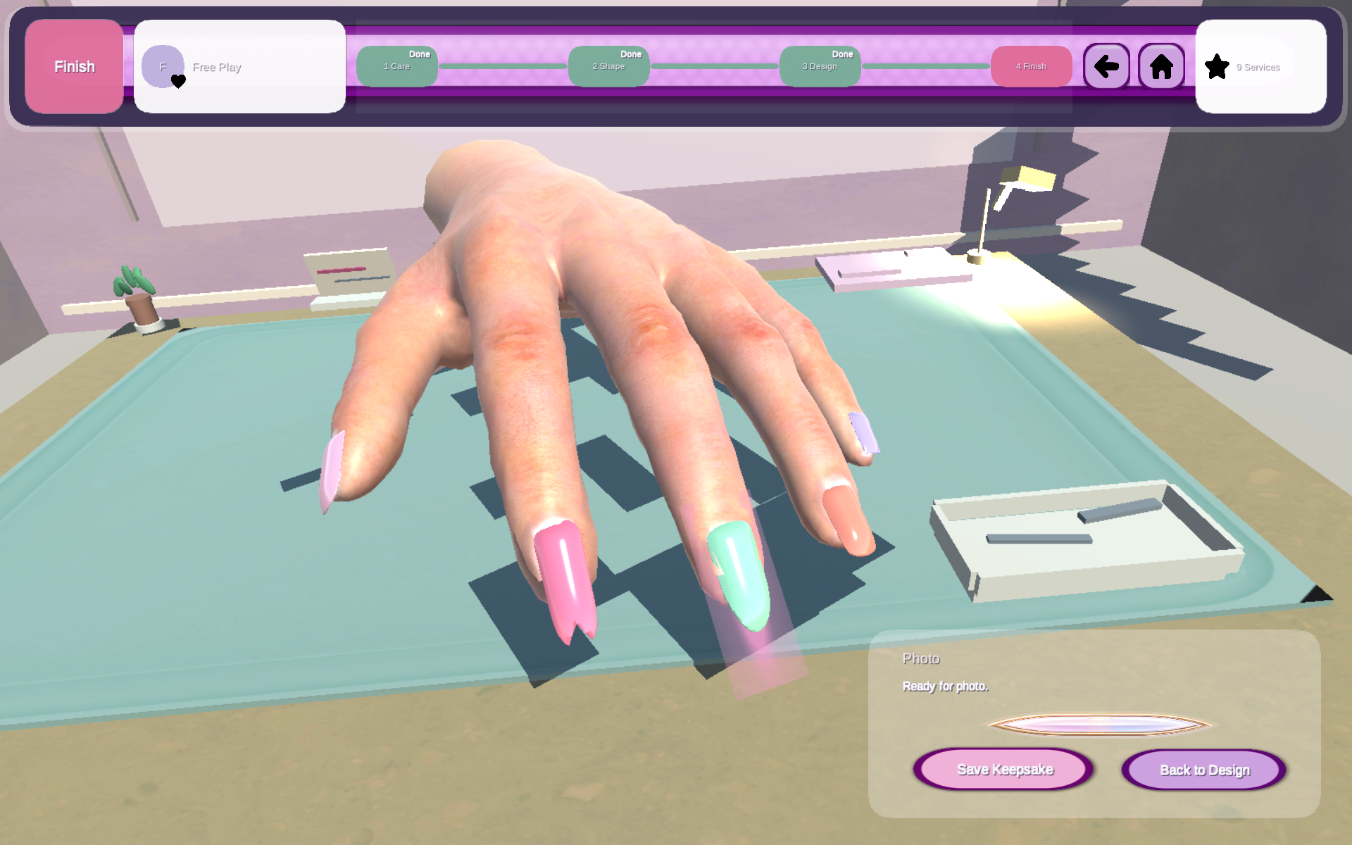 Finished nails at the reveal screen with options to take a photo or save a keepsake